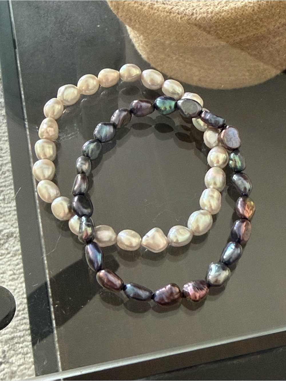 Freshwater Pearl Stretch Bracelet Set - Black and White Pearls